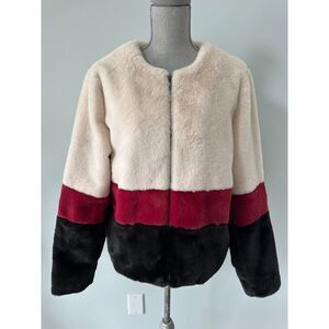 NWT Skinnygirl Faux Fur Color Block Jacket Cream Burgundy Black Zip Up size M